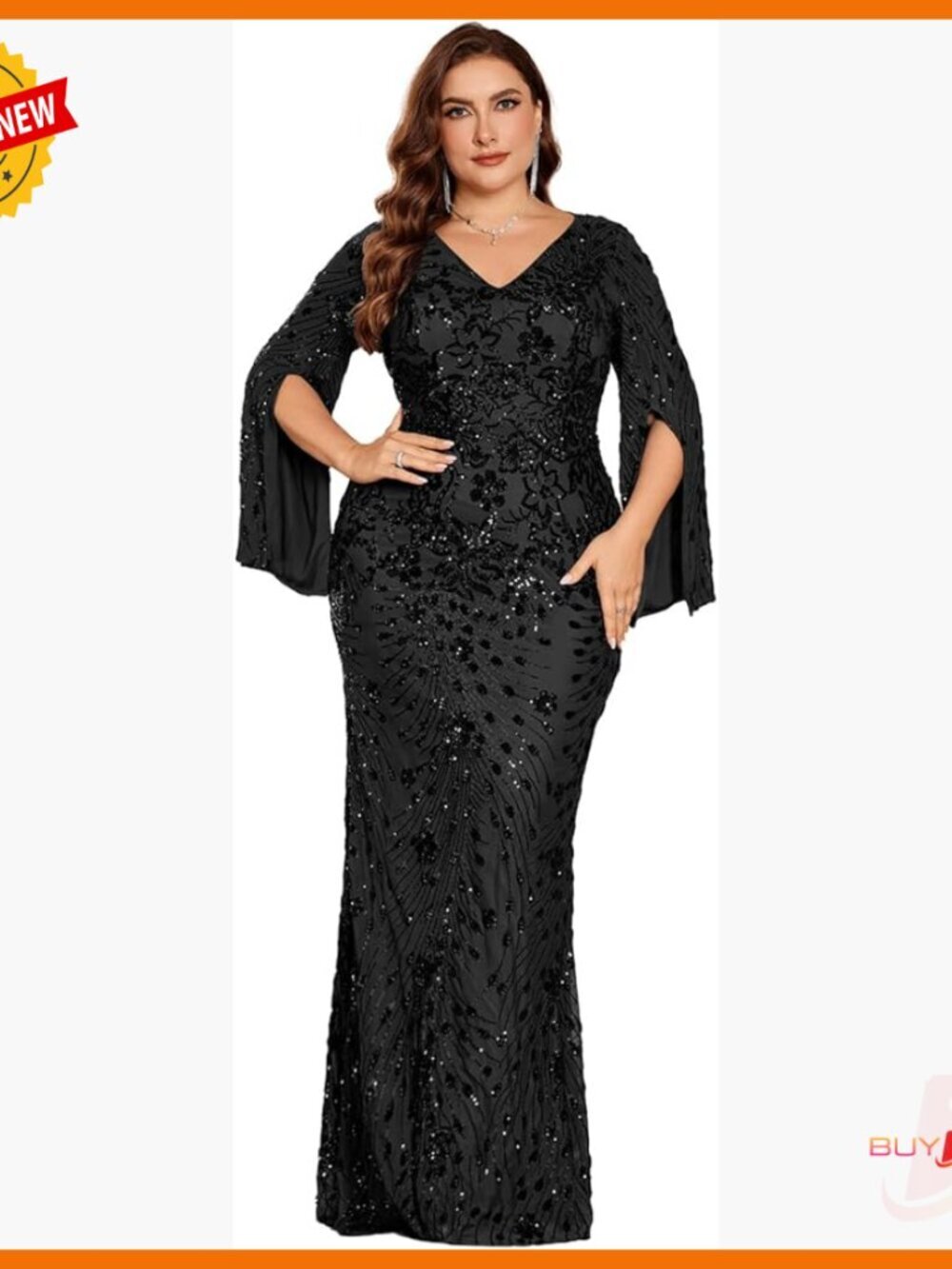 Plus Size Formal Maxi Dress with Sequin Embroidery Cape Sleeve V-Neck